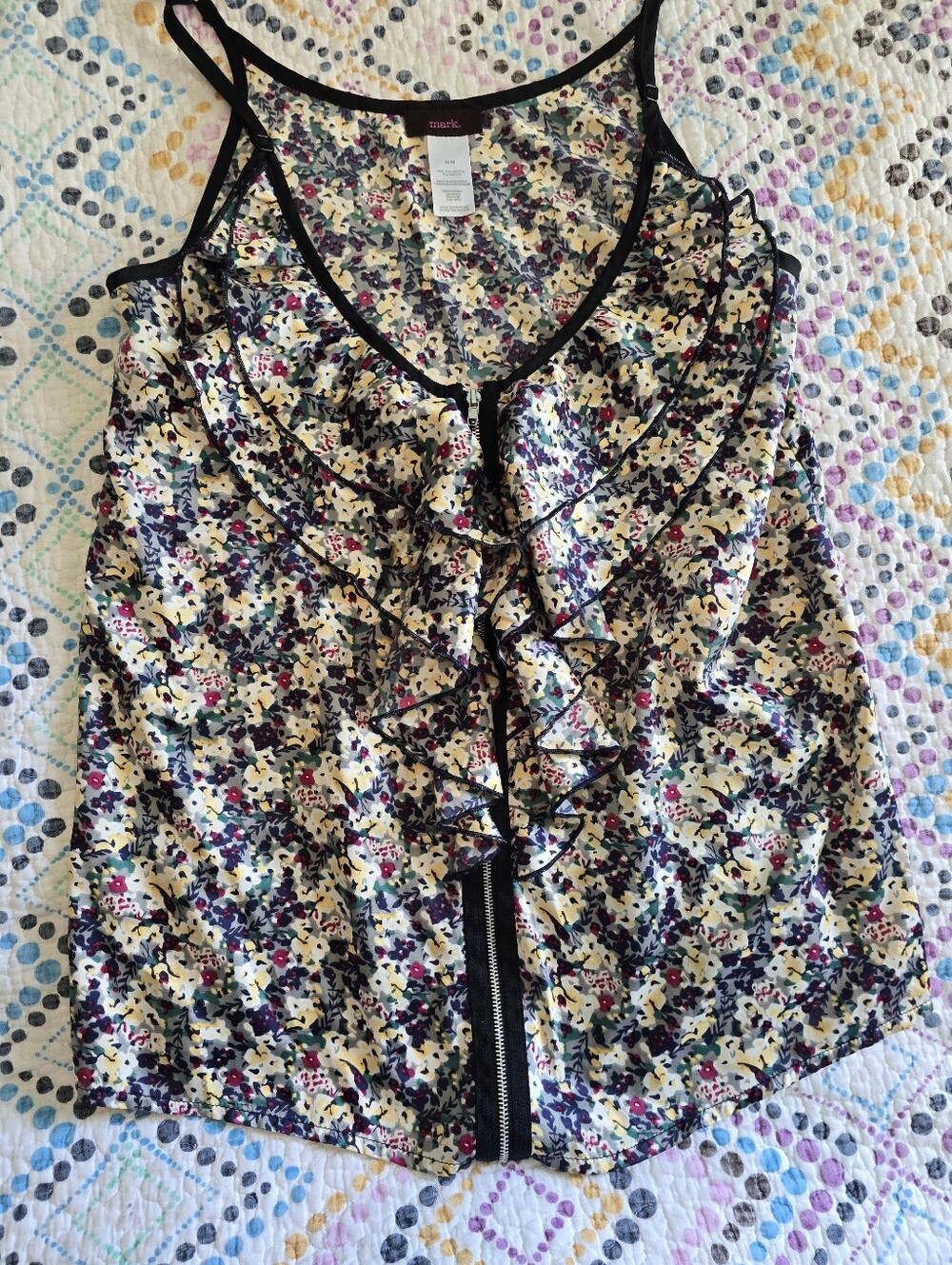 Mark Floral Ruffle V-Neck Exposed Zipper Sleeveless Blouse